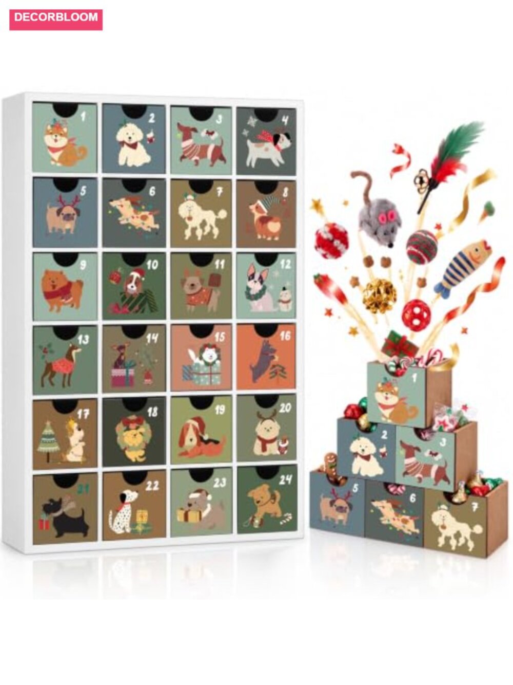Wooden Dog Advent Calendar 24 Drawers Reusable Refillable Christmas Countdown